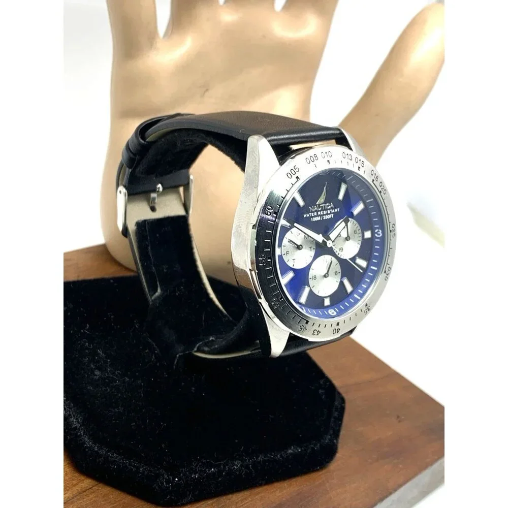 Nautica Men's Watch N11019 Quartz Blue Dial Black Leather Band 43mm